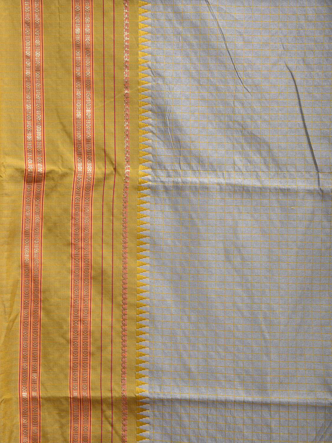 Grey and Green Bamboo Cotton Viscose Silk Saree with Checks Design No Blouse bc0486