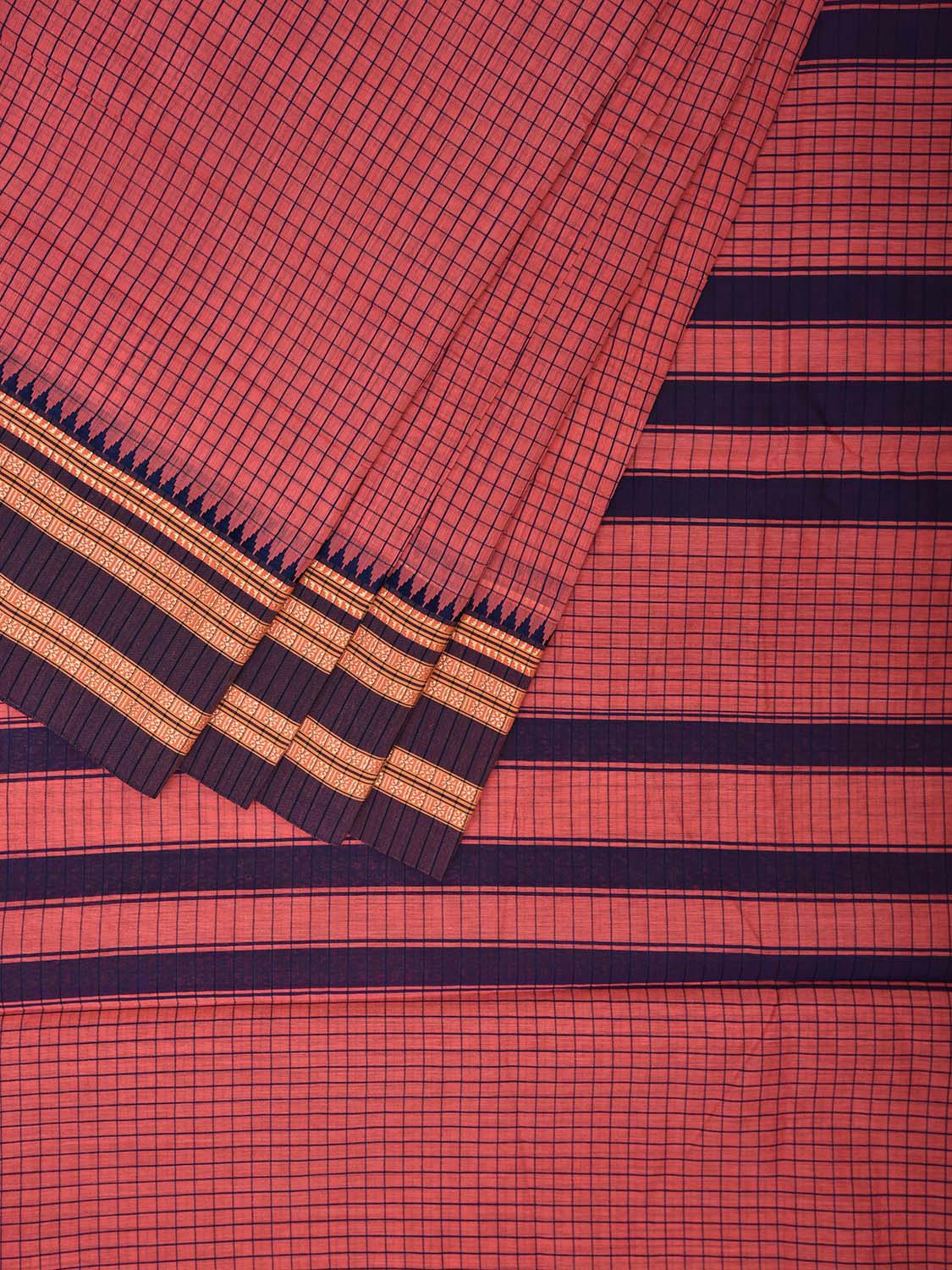 Baby Pink and Dark Blue Bamboo Cotton Saree with Checks Design No Blouse bc0490
