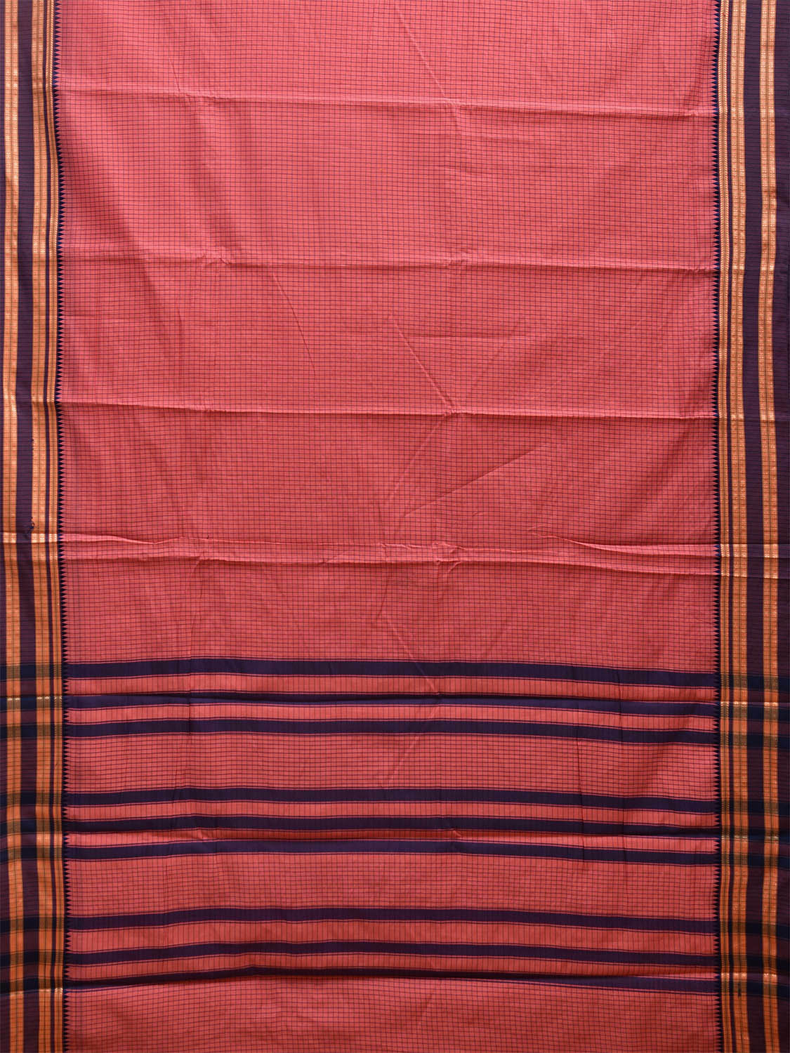 Baby Pink and Dark Blue Bamboo Cotton Saree with Checks Design No Blouse bc0490