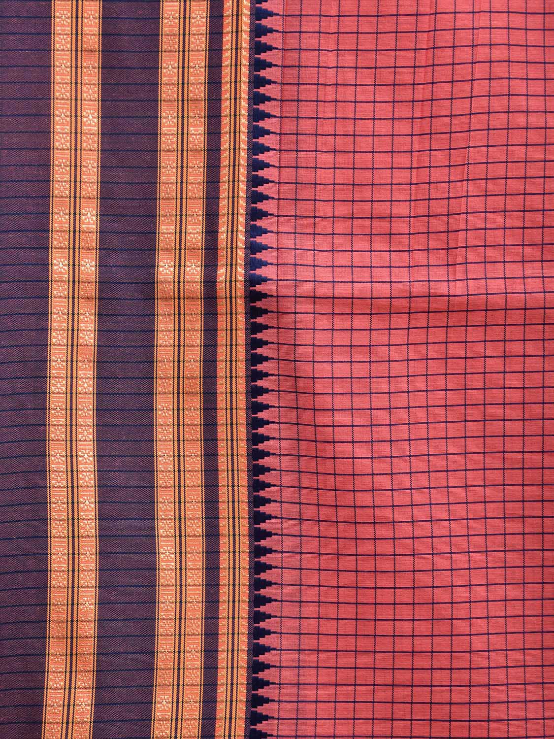Baby Pink and Dark Blue Bamboo Cotton Saree with Checks Design No Blouse bc0490