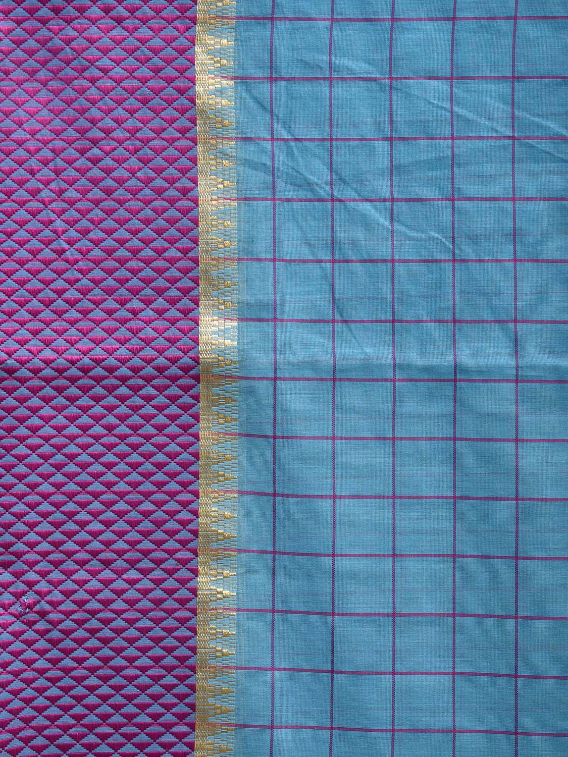 Blue and Purple Bamboo Cotton Saree with Big Checks Design No Blouse bc0495