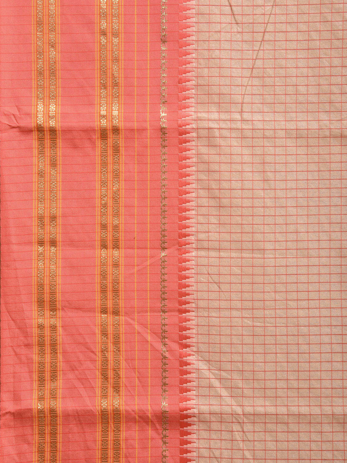 Cream and Peach Bamboo Cotton Viscose Silk Saree with Checks Design No Blouse bc0497