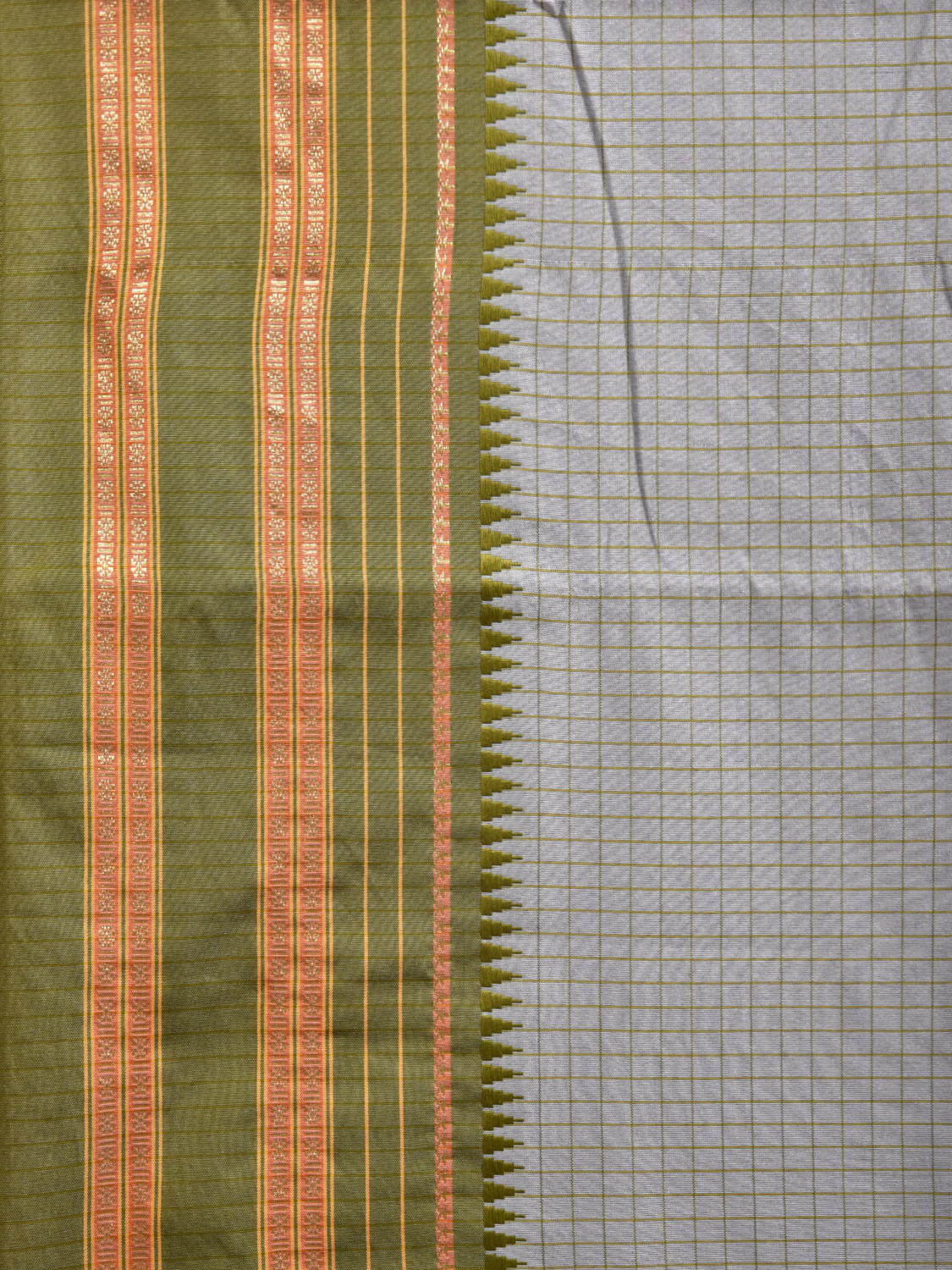 Light Grey and Green Bamboo Cotton Viscose Silk Saree with Checks Design No Blouse bc0499