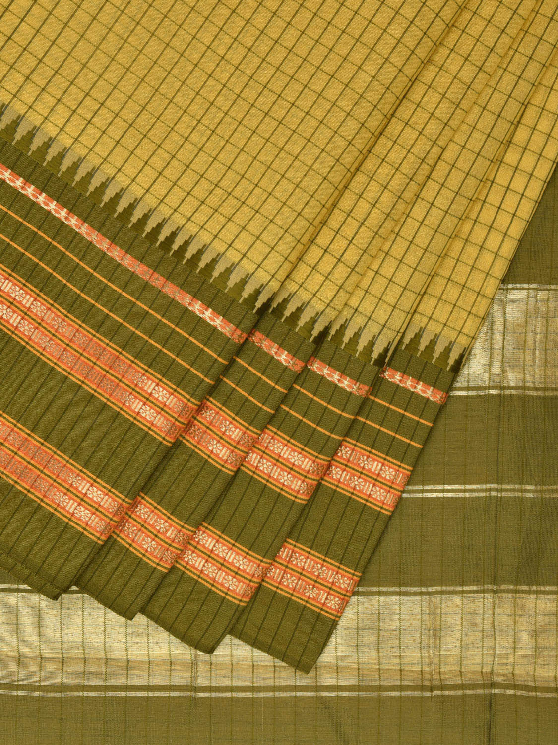 Yellow and Green Bamboo Cotton Viscose Silk Saree with Checks Design No Blouse bc0500