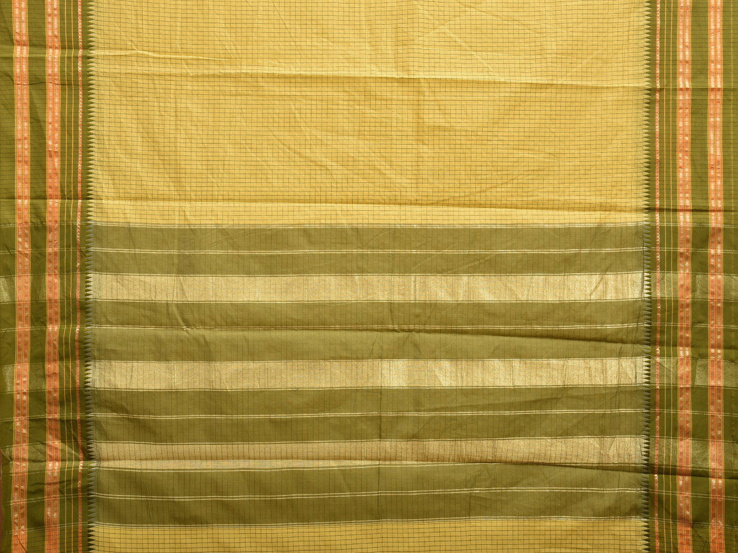 Yellow and Green Bamboo Cotton Viscose Silk Saree with Checks Design No Blouse bc0500