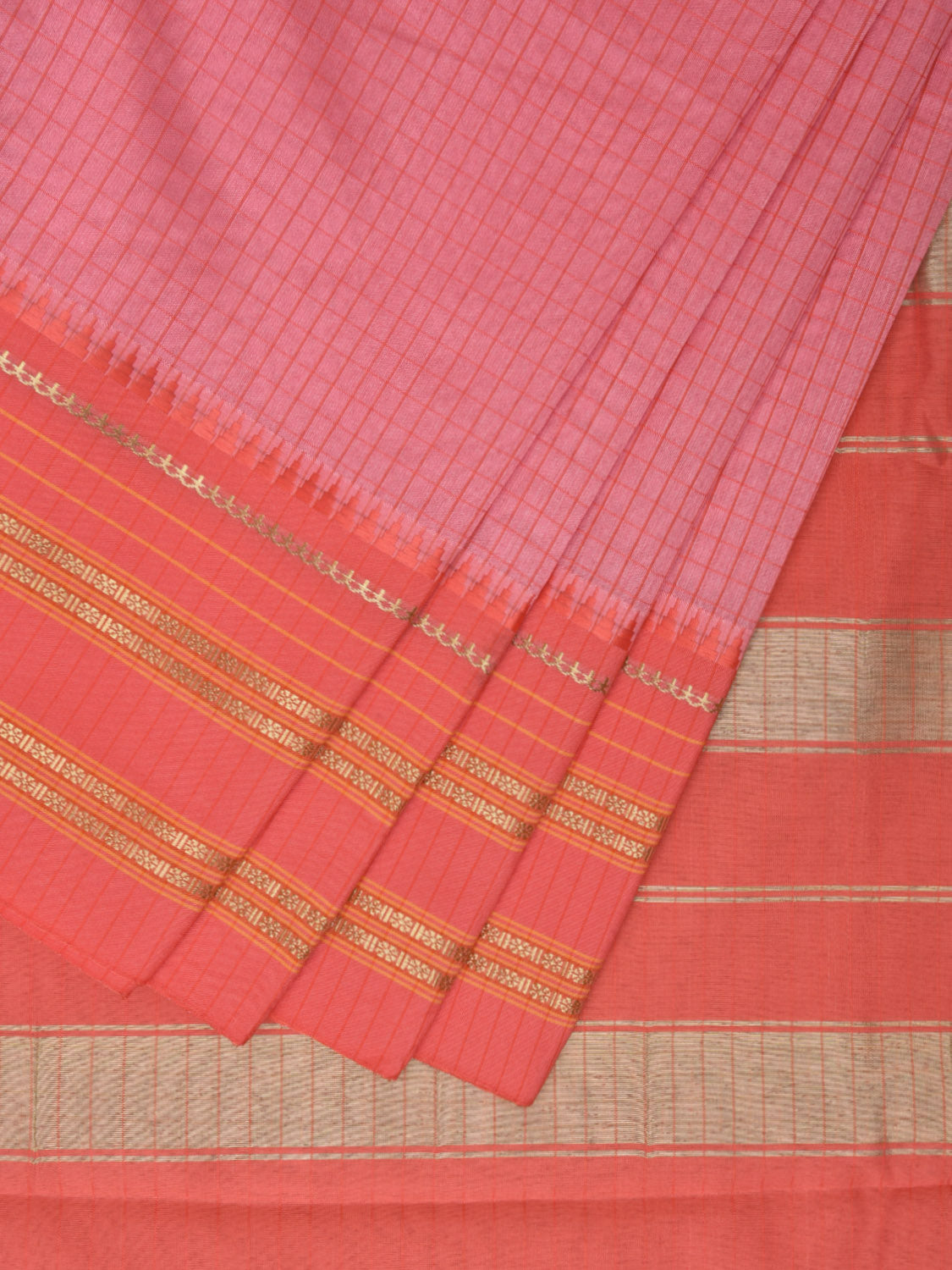 Baby Pink and Peach Bamboo Cotton Viscose Silk Saree with Checks Design No Blouse bc0501