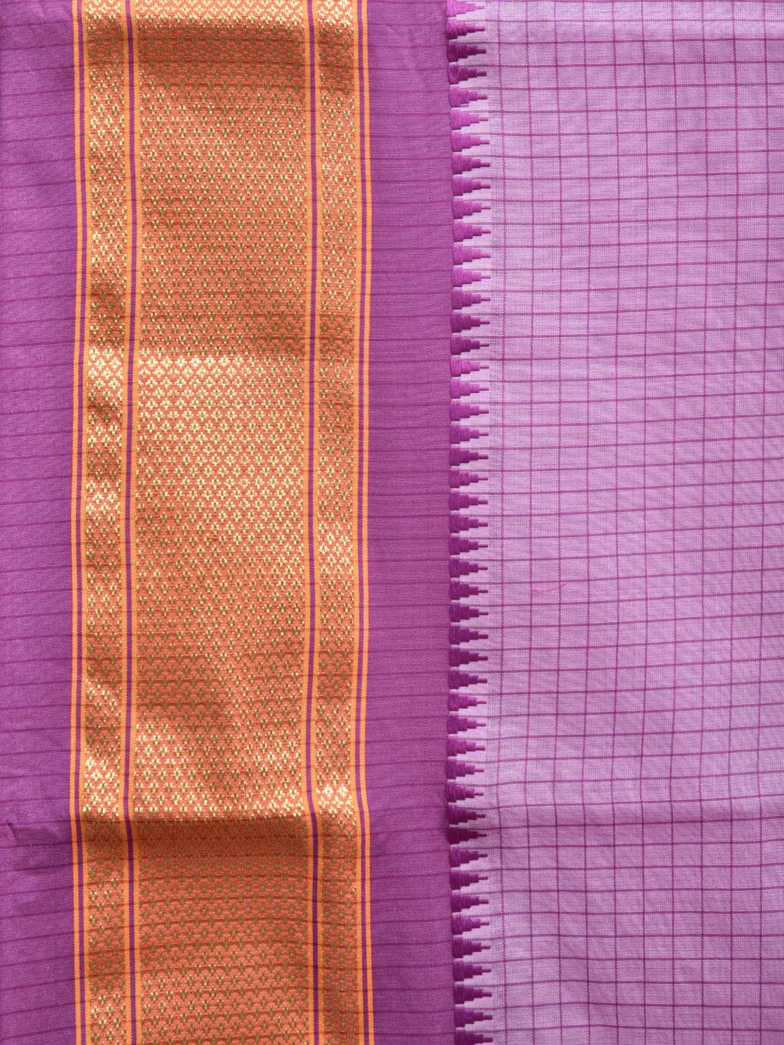 Lavender and Purple Bamboo Cotton Saree with Checks Design No Blouse bc0502