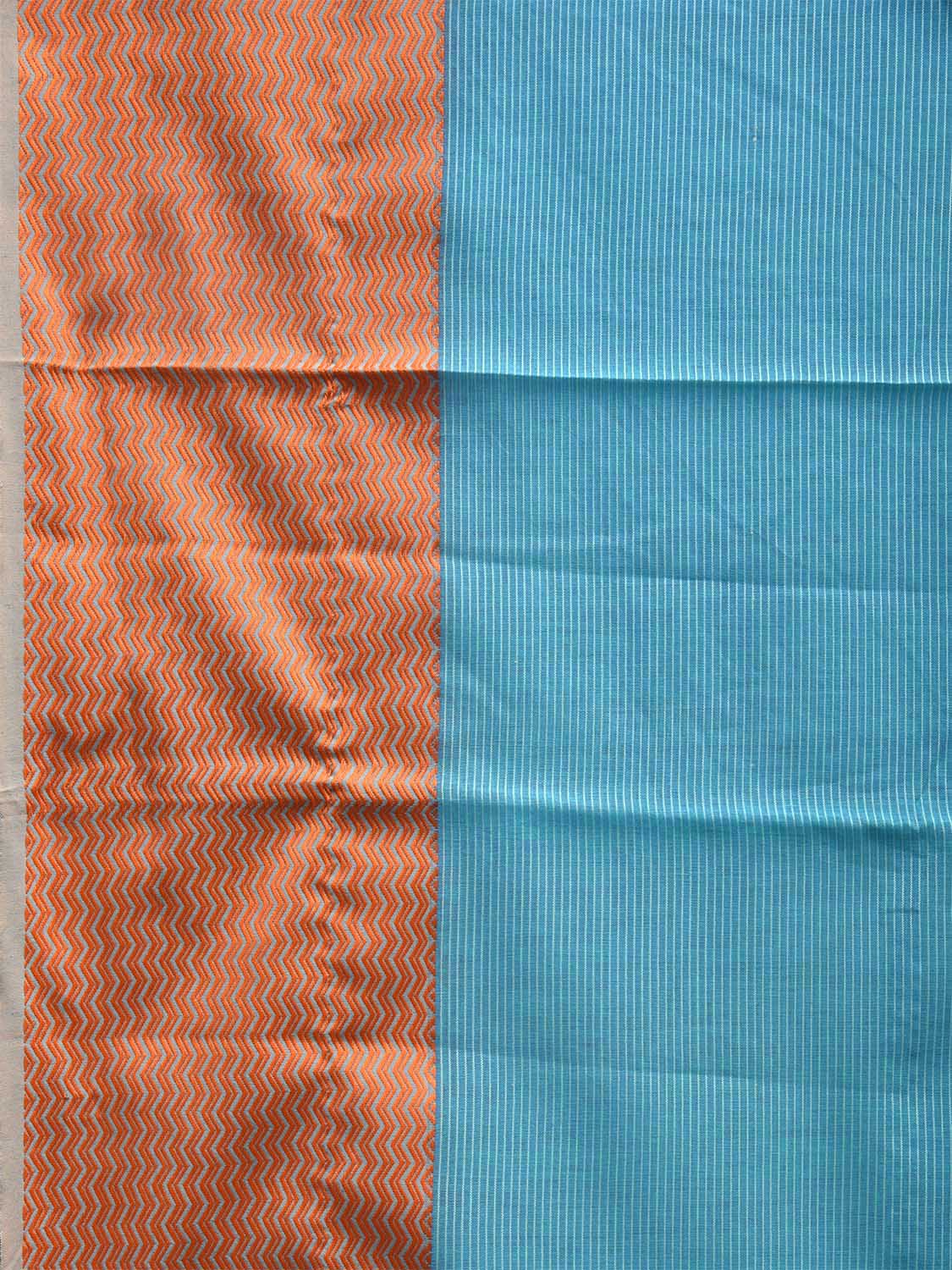 Light Blue and Orange Bamboo Cotton Saree with Strips and Zig-Zag Border Design No Blouse bc0504