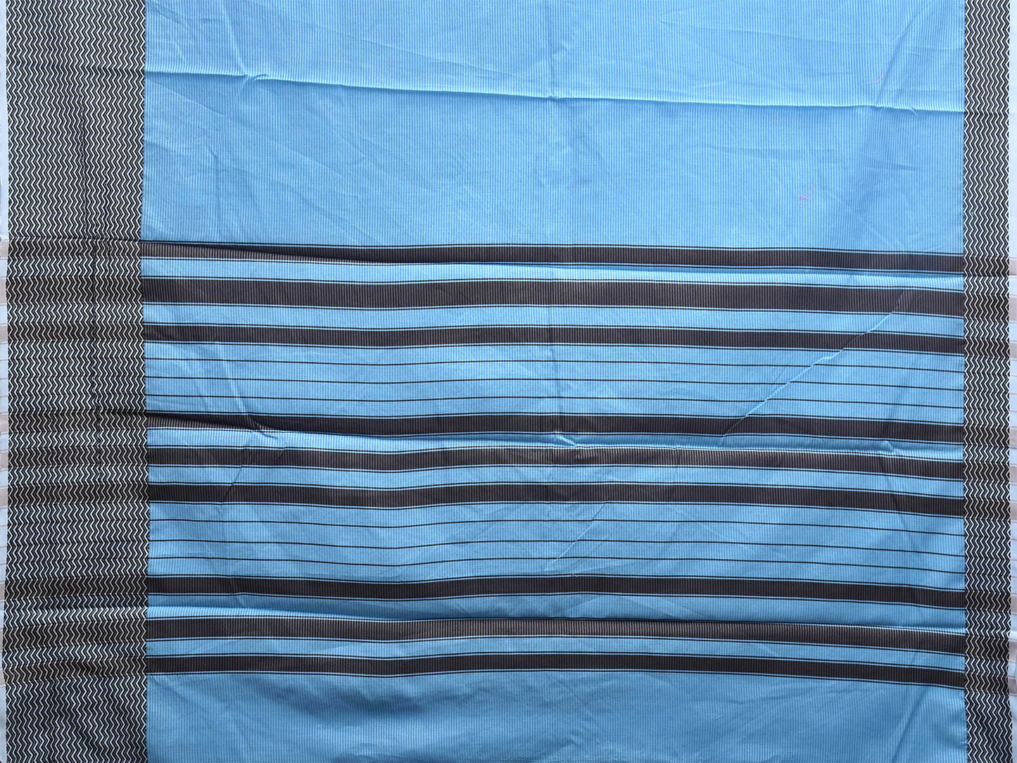 Light Blue and Black Bamboo Cotton Saree with Strips and Zig-Zag Border Design No Blouse bc0509