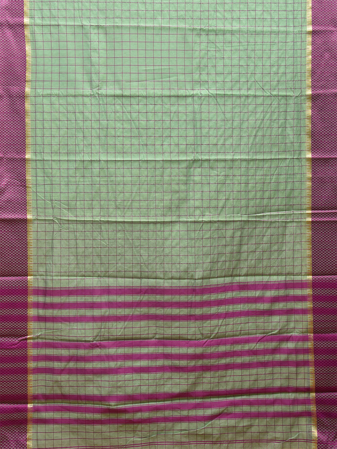 Turquoise and Purple Bamboo Cotton Saree with Big Checks and Strips Pallu Design No Blouse bc0510