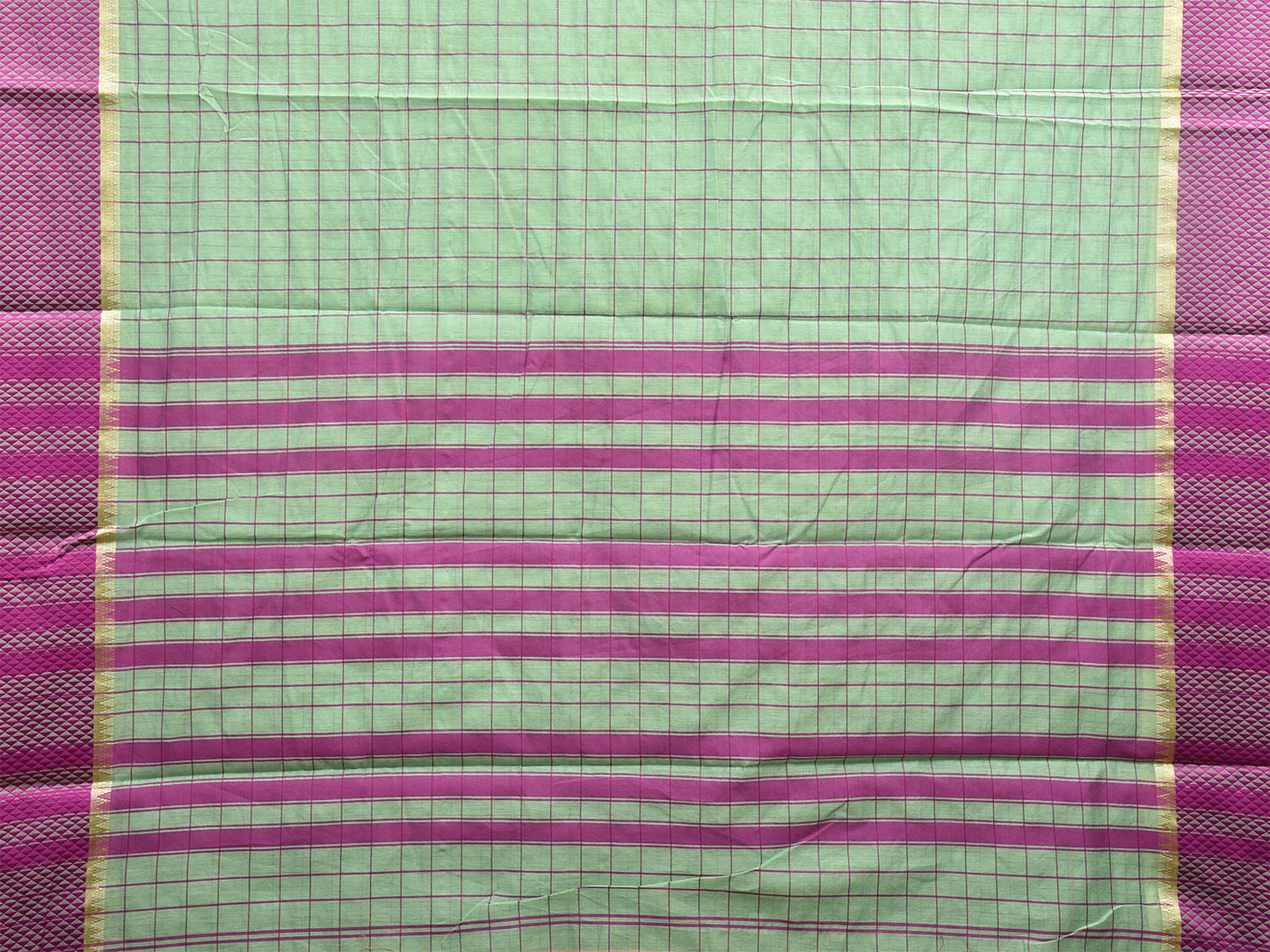 Turquoise and Purple Bamboo Cotton Saree with Big Checks and Strips Pallu Design No Blouse bc0510