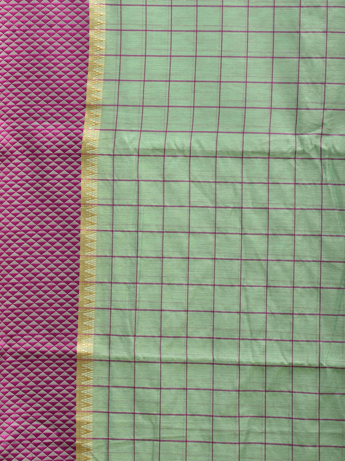 Turquoise and Purple Bamboo Cotton Saree with Big Checks and Strips Pallu Design No Blouse bc0510