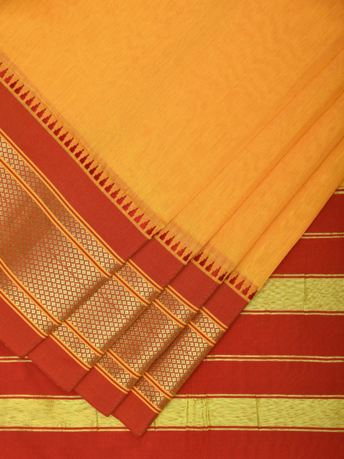 Yellow and Red Bamboo Cotton Plain Saree with Contrast and Strips Pallu Design No Blouse bc0518