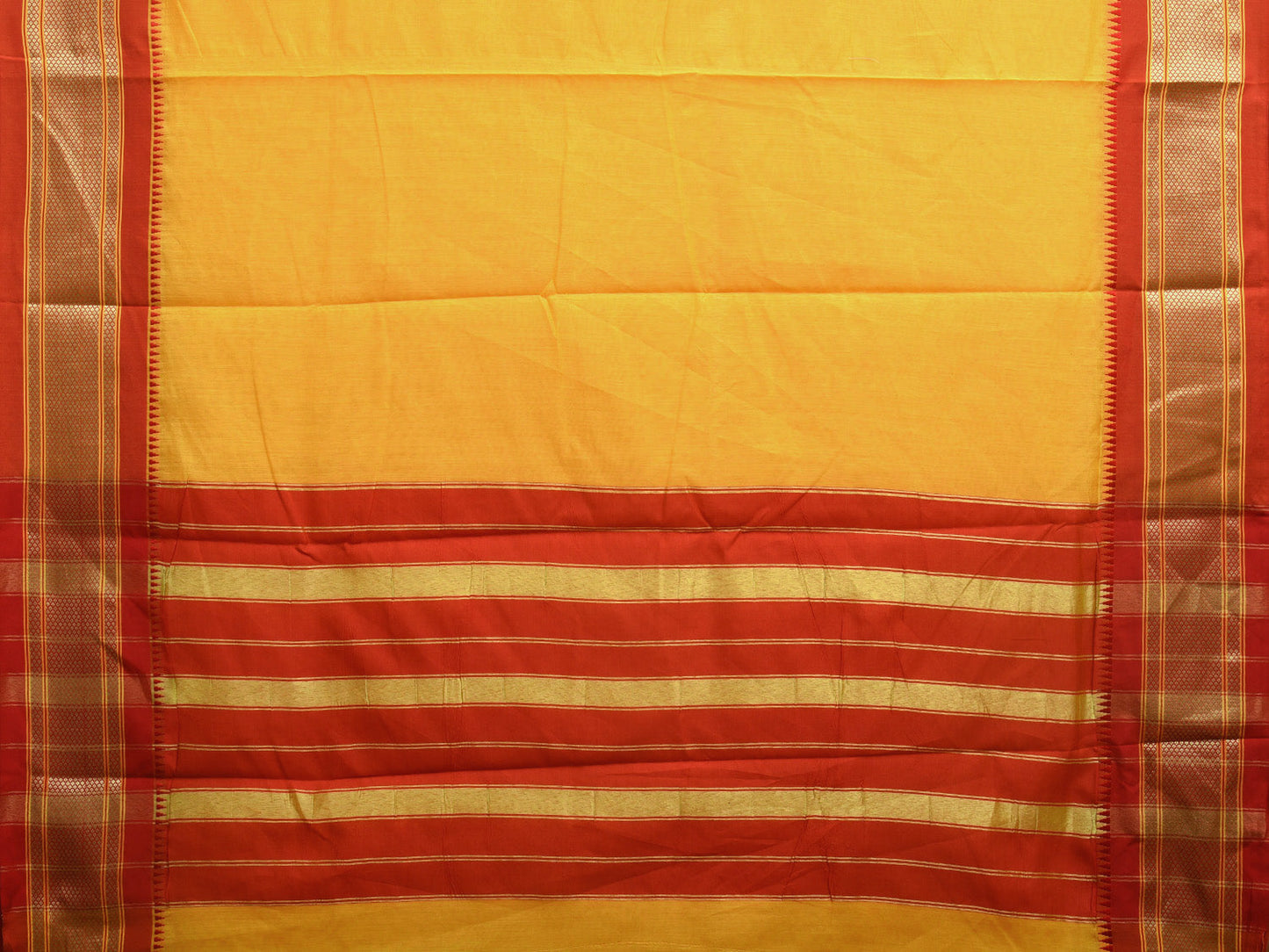 Yellow and Red Bamboo Cotton Plain Saree with Contrast and Strips Pallu Design No Blouse bc0518