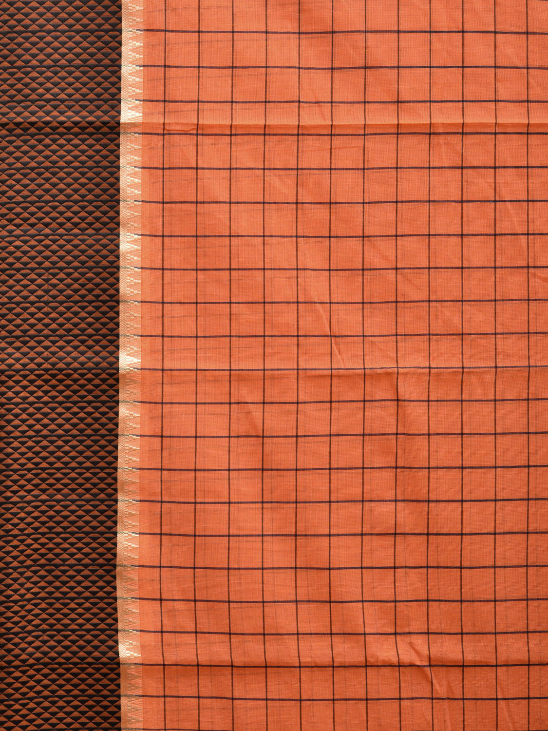 Orange and Black Bamboo Cotton Saree with Big Checks Design No Blouse bc0520