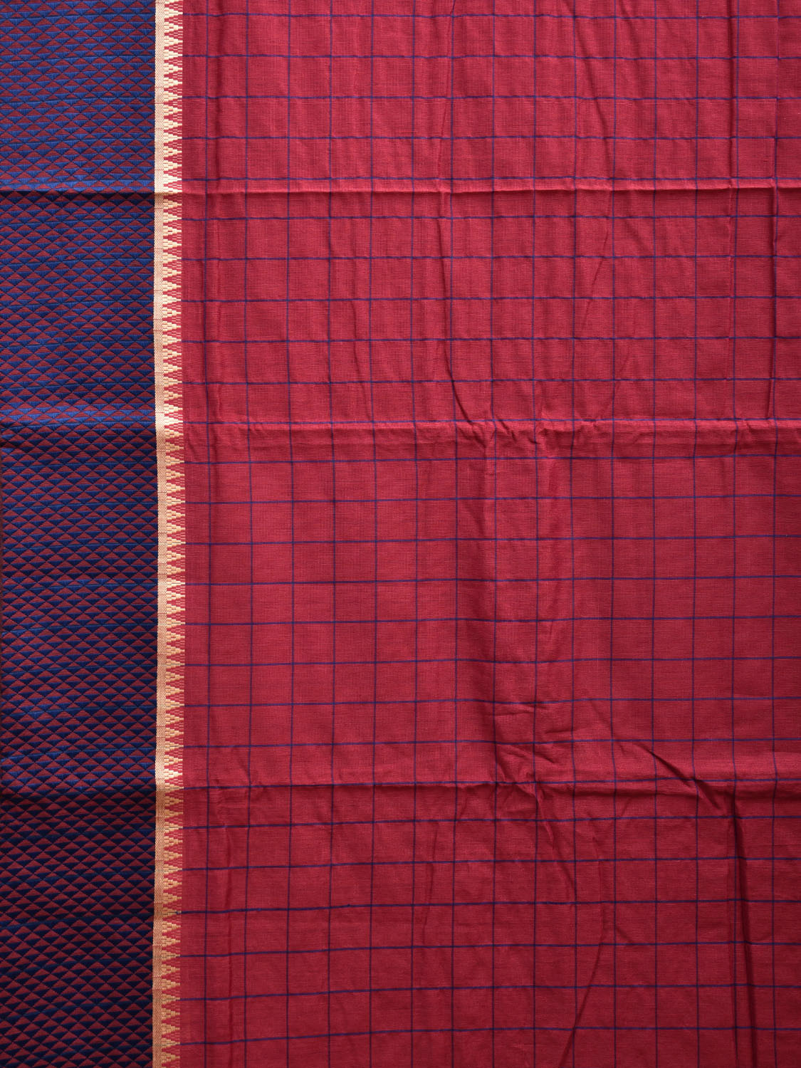 Dark Red and Dark Blue Bamboo Cotton Saree with Big Checks Design No Blouse bc0521