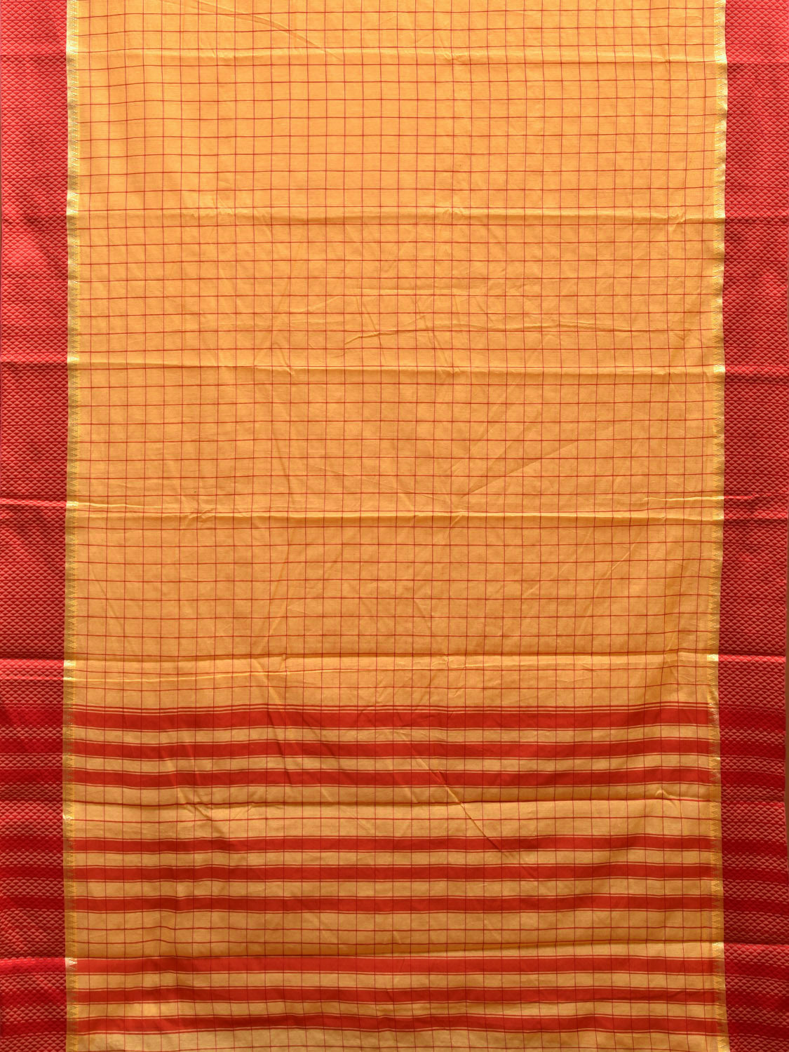 Yellow and Red Bamboo Cotton Saree with Big Checks Design No Blouse bc0522
