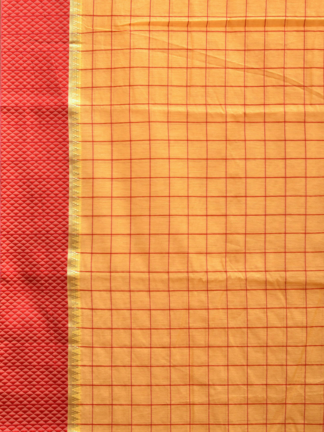 Yellow and Red Bamboo Cotton Saree with Big Checks Design No Blouse bc0522