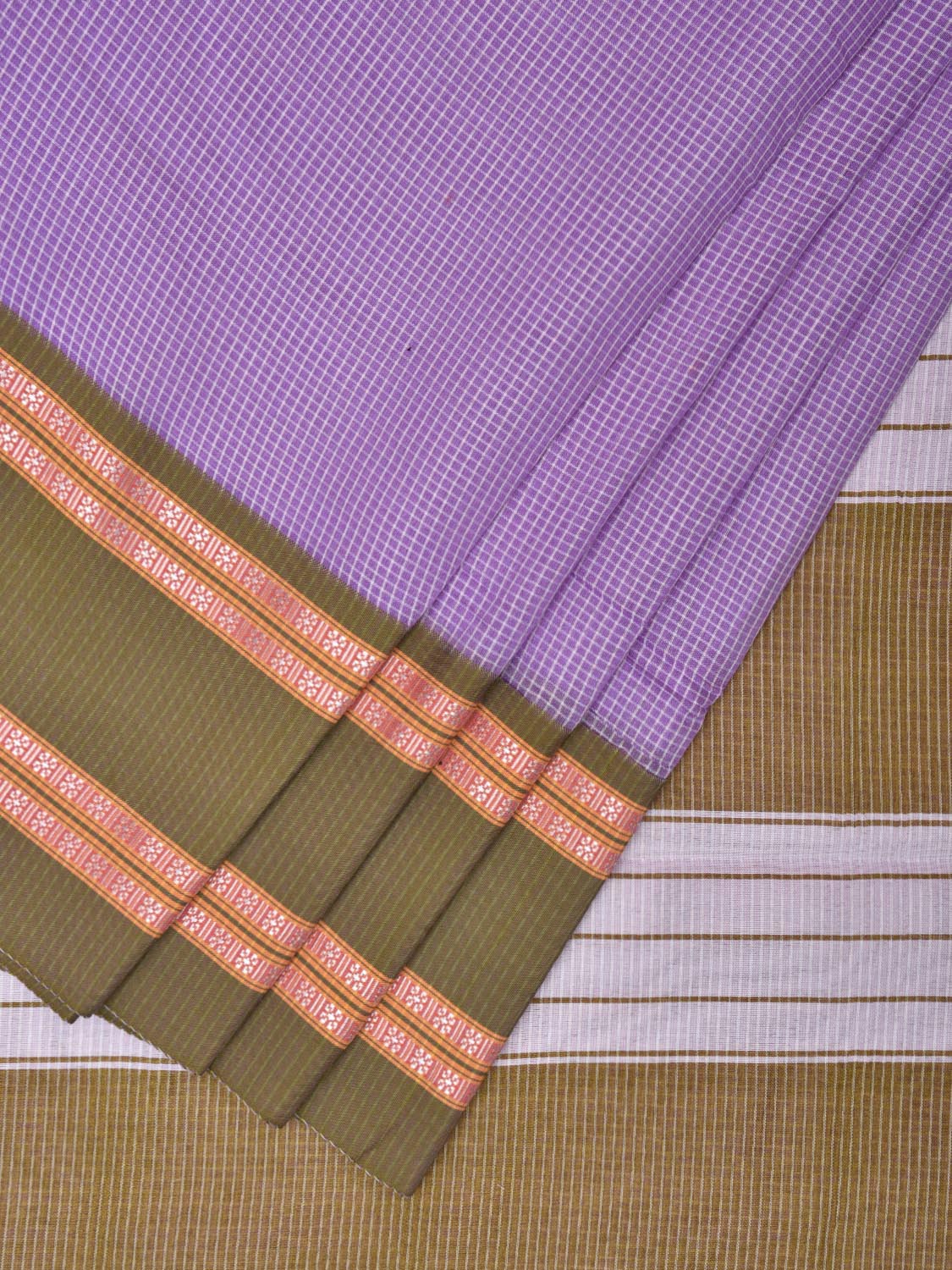 Blue and Olive Bamboo Cotton Saree with Small Checks Design No Blouse bc0524