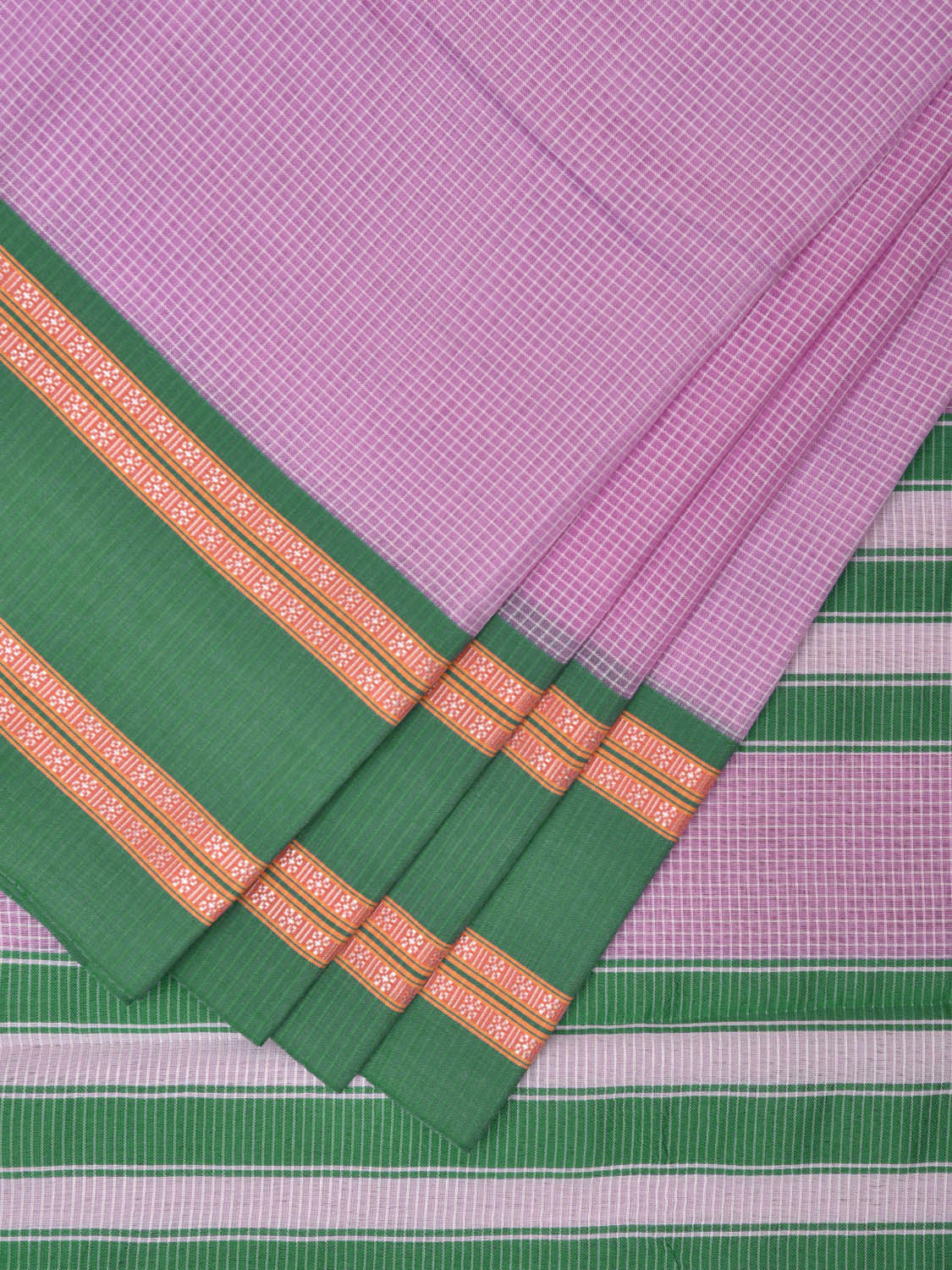 Baby Pink and Green Bamboo Cotton Saree with Small Checks Design No Blouse bc0526