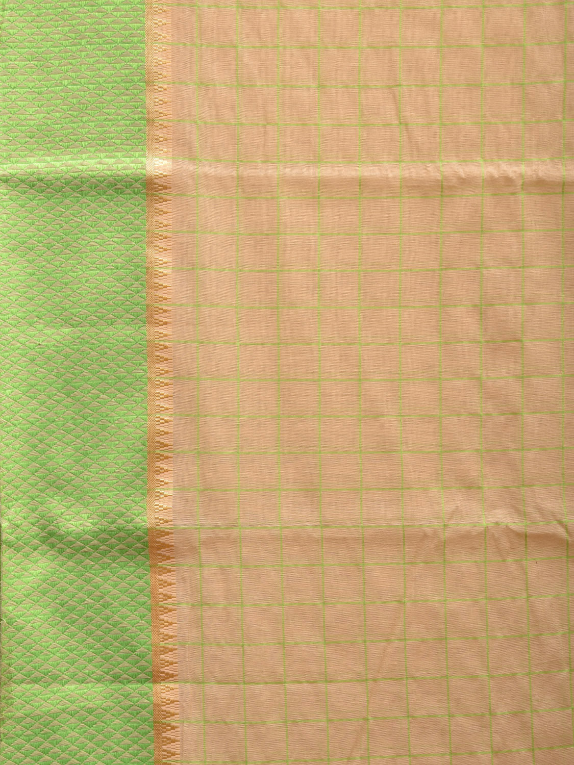 Cream and Light Green Bamboo Cotton Saree with Big Checks Design No Blouse bc0534