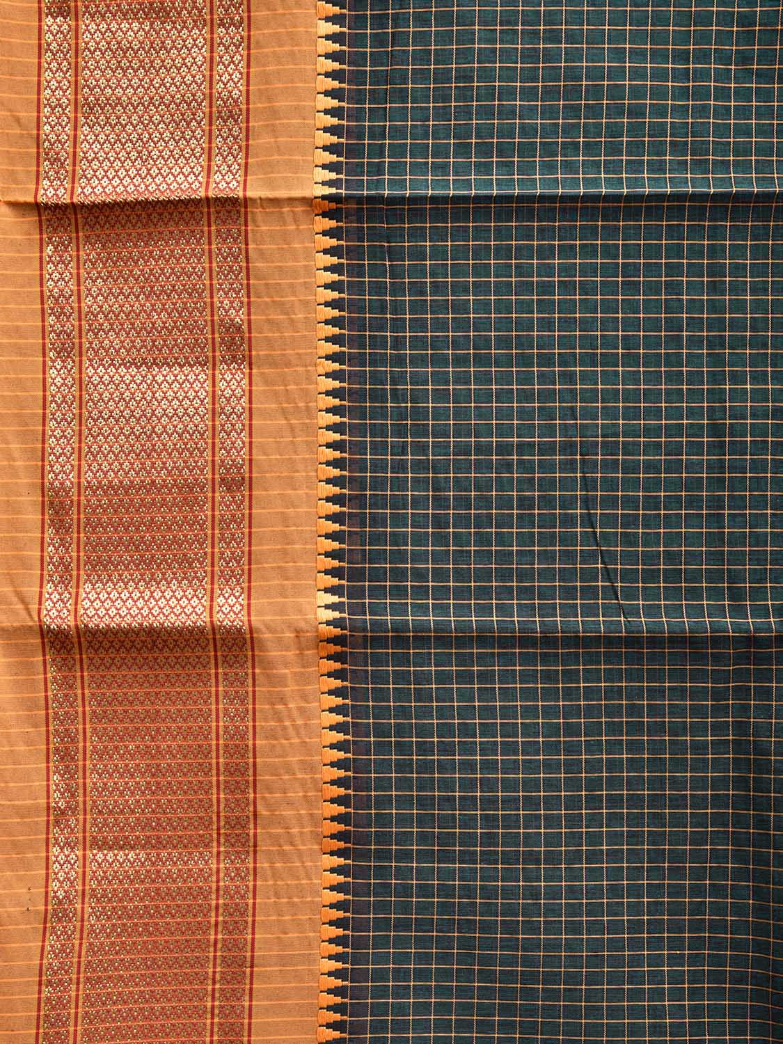 Dark Green and Mustard Bamboo Cotton Saree with Checks Design No Blouse bc0540