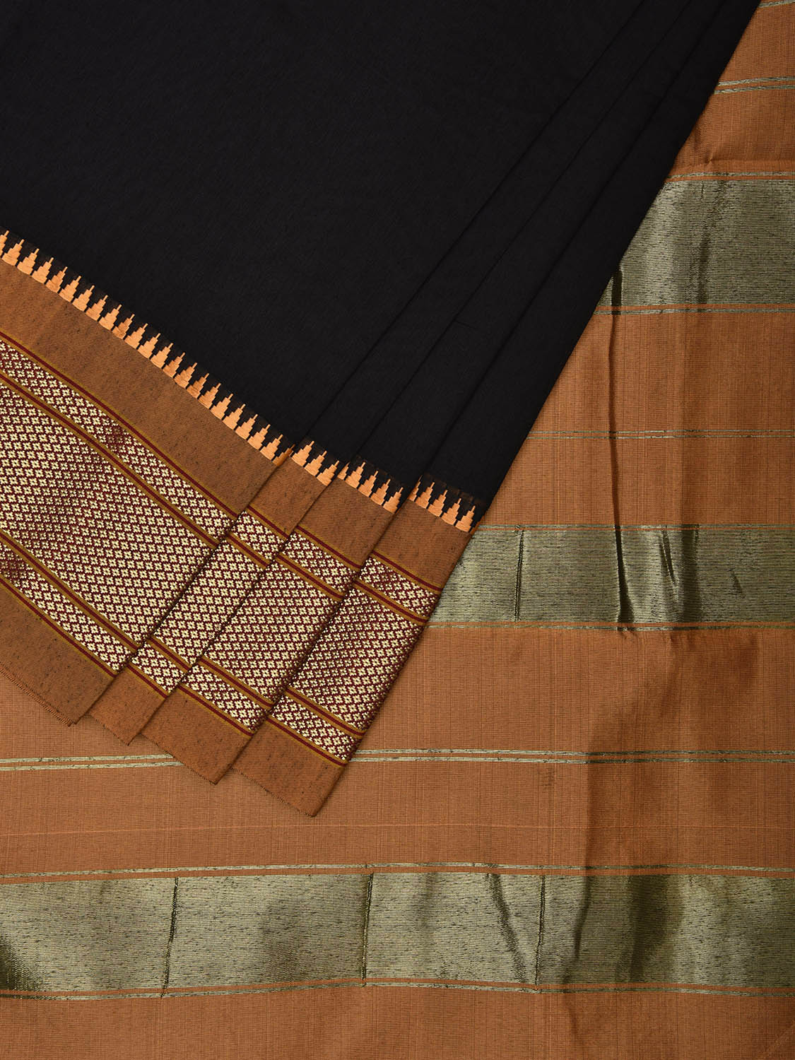 Black and Mustard Bamboo Cotton Plain Saree with Contrast Pallu Design No Blouse bc0548