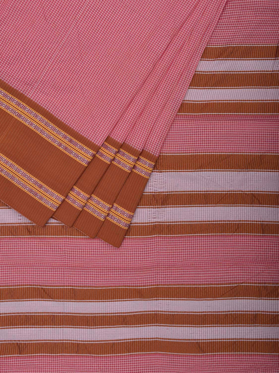 Baby Pink and Fawn Bamboo Cotton Saree with Small Checks Design No Blouse bc0692