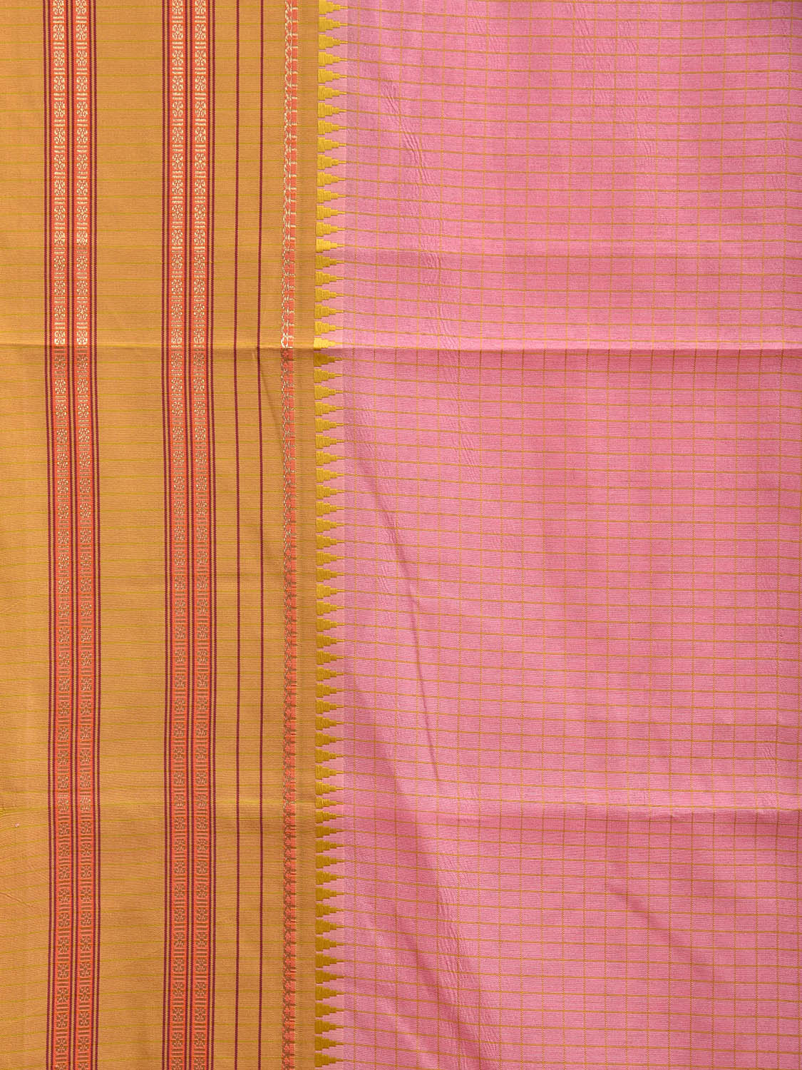 Light Pink and Olive Bamboo Cotton Viscose Silk Saree with Checks Design No Blouse bc0696