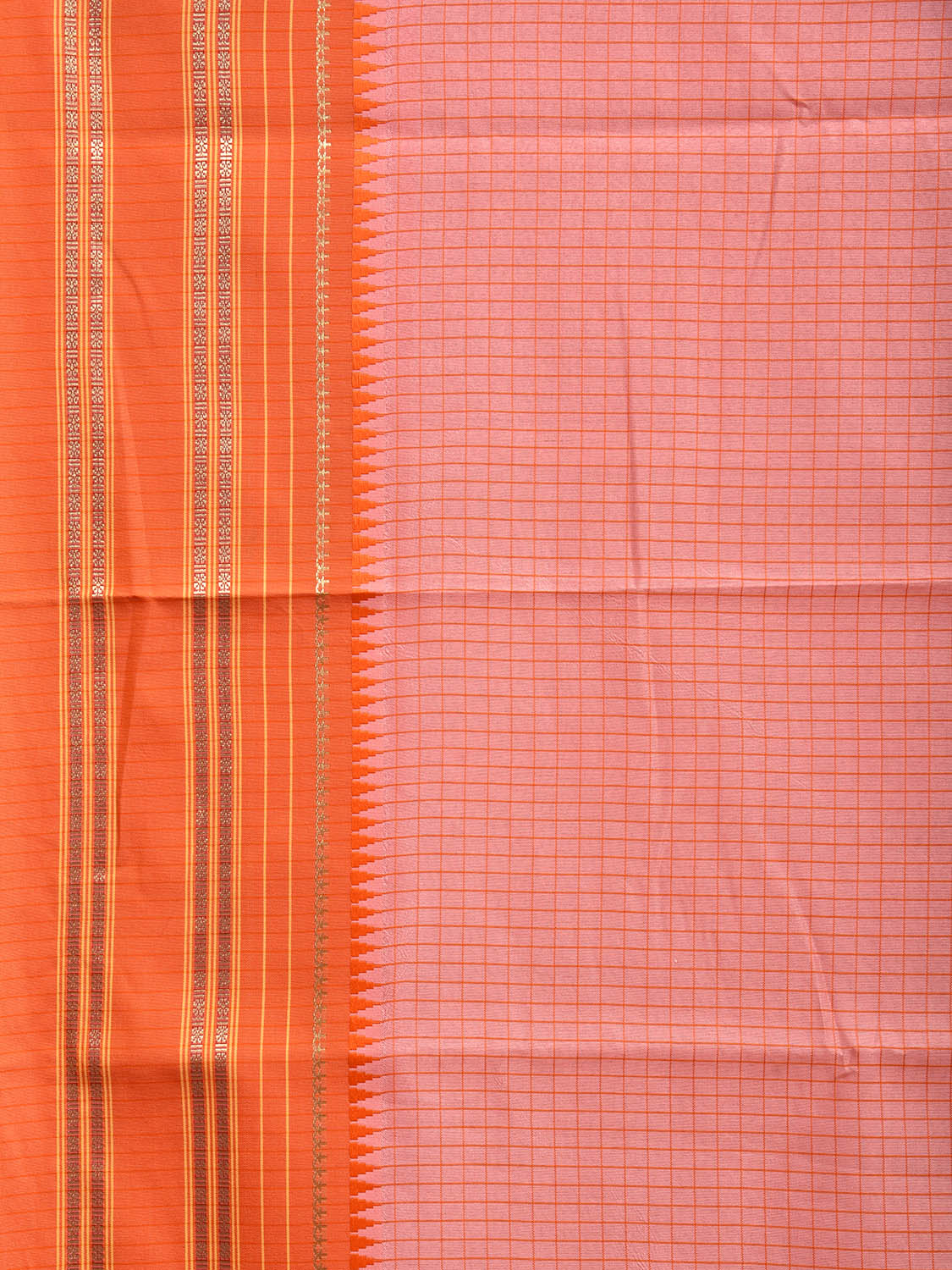 Light Pink and Orange Bamboo Cotton Viscose Silk Saree with Checks Design No Blouse bc0697