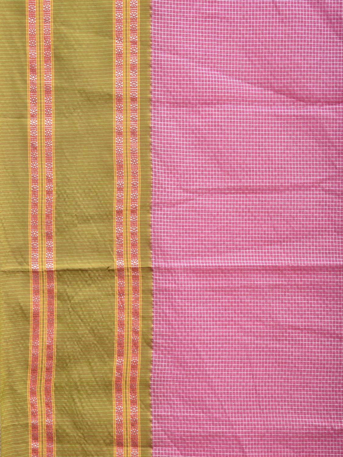Pink and Green Bamboo Cotton Saree with Small Checks Design No Blouse bc0701