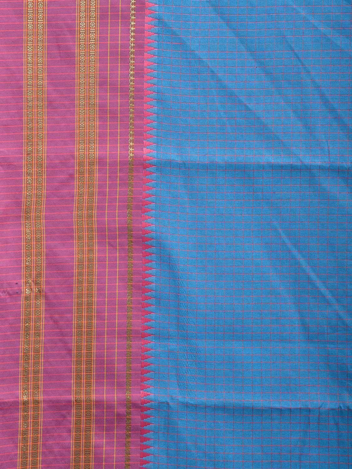 Blue and Pink Bamboo Cotton Saree Viscose Silk with Checks Design No Blouse bc0702