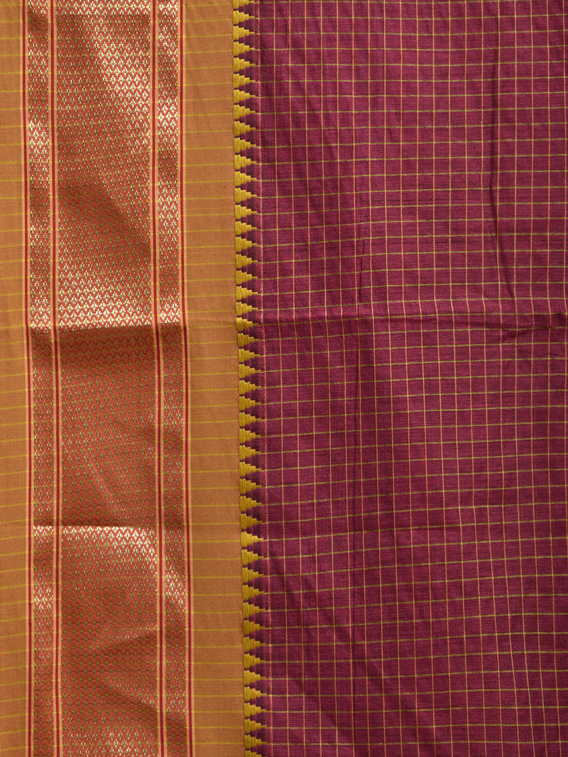 Magenta and Olive Bamboo Cotton Saree with Checks Design No Blouse bc0728