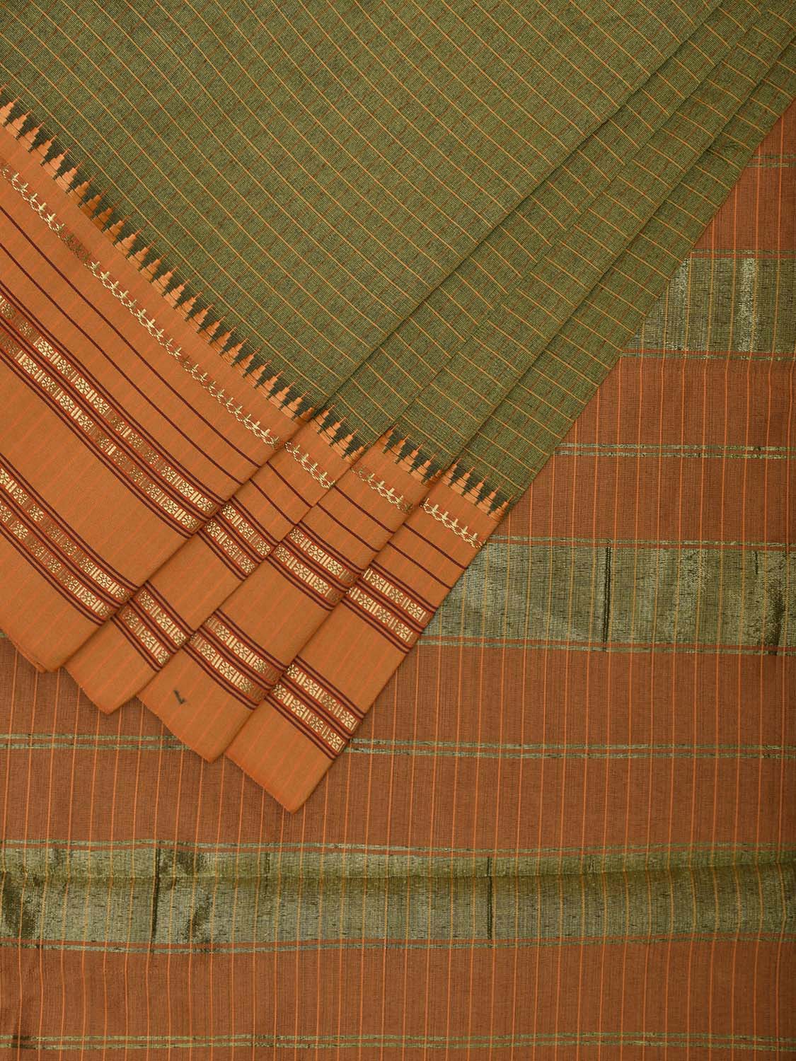 Green and Mustard Bamboo Cotton Viscose Silk Saree with Checks Design No Blouse bc0734