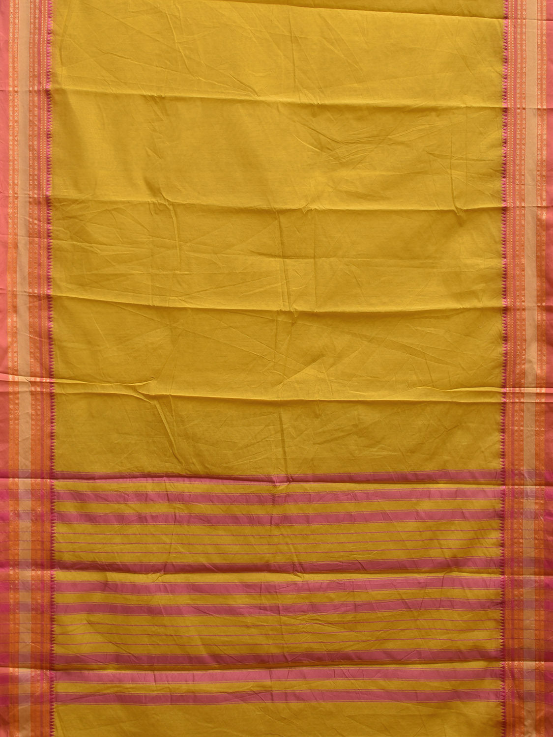 Yellow and Pink Bamboo Cotton Plain Saree with Strips Pallu Design No Blouse bc0737