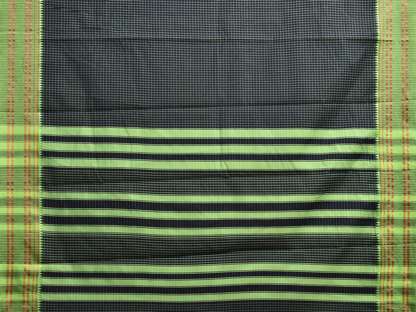 Black and Green Bamboo Cotton Saree with Checks Design No Blouse bc0744