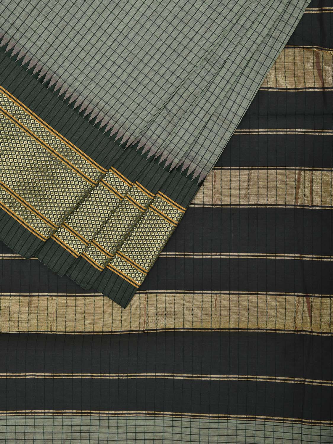 Sea Green and Dark Green Bamboo Cotton Saree with Checks Design No Blouse bc0748