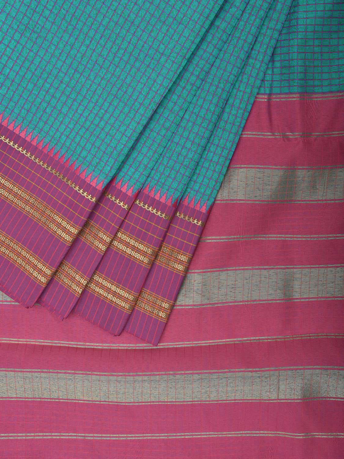 Teal and Pink Bamboo Cotton Viscose Silk Saree with Checks Design No Blouse bc0750