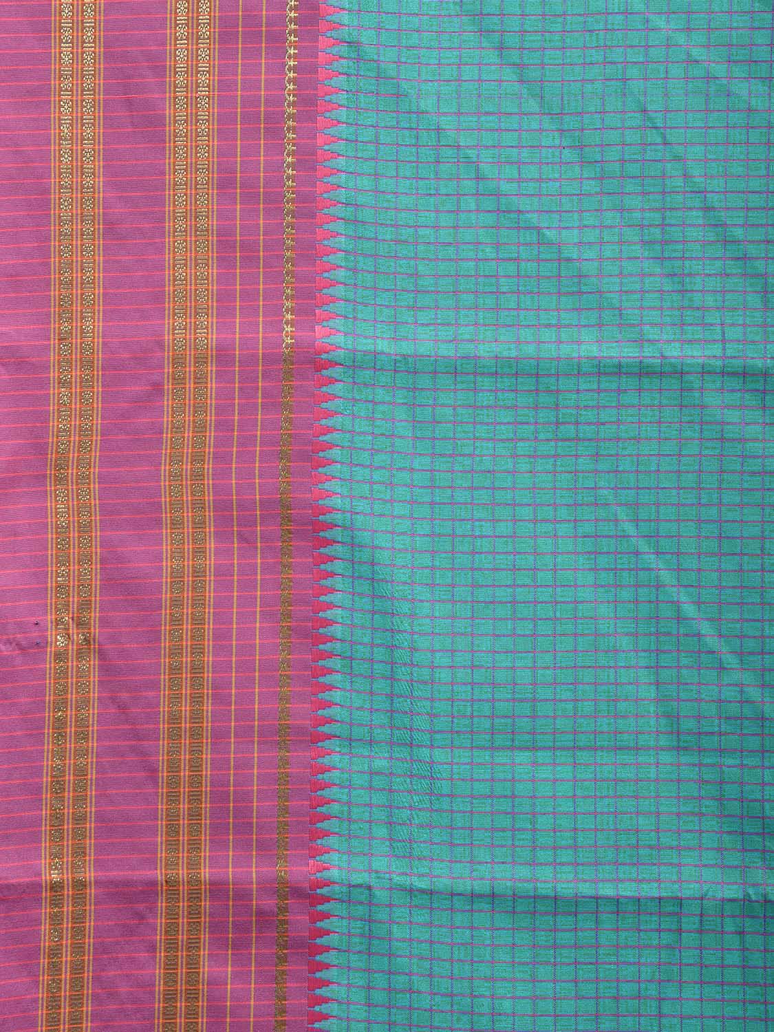Teal and Pink Bamboo Cotton Viscose Silk Saree with Checks Design No Blouse bc0750