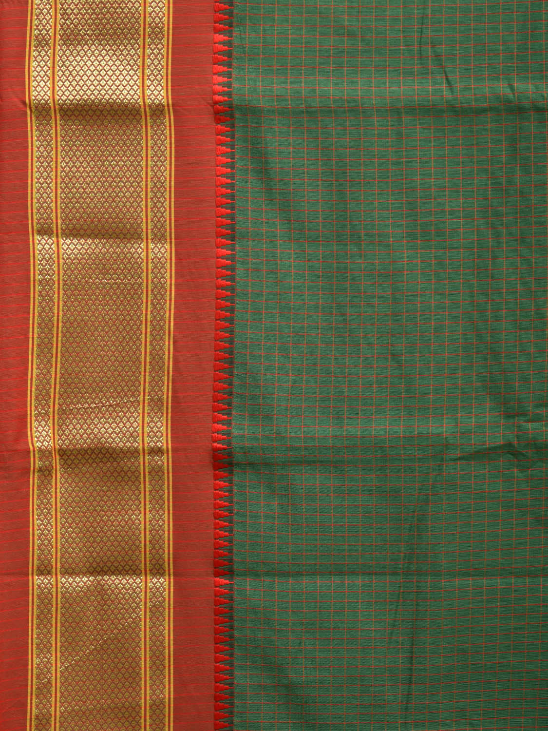 Dark Green and Red Bamboo Cotton Saree with Checks Design No Blouse bc0751