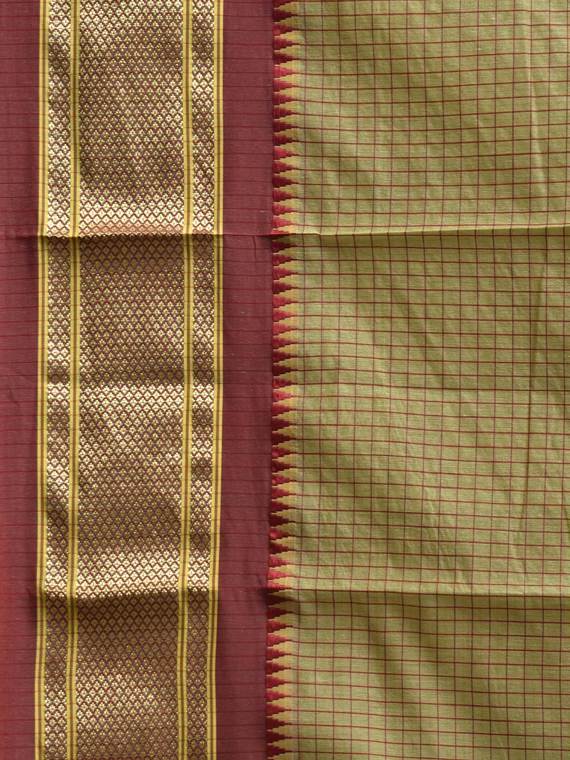 Light Olive and Red Bamboo Cotton Saree with Checks Design No Blouse bc0850