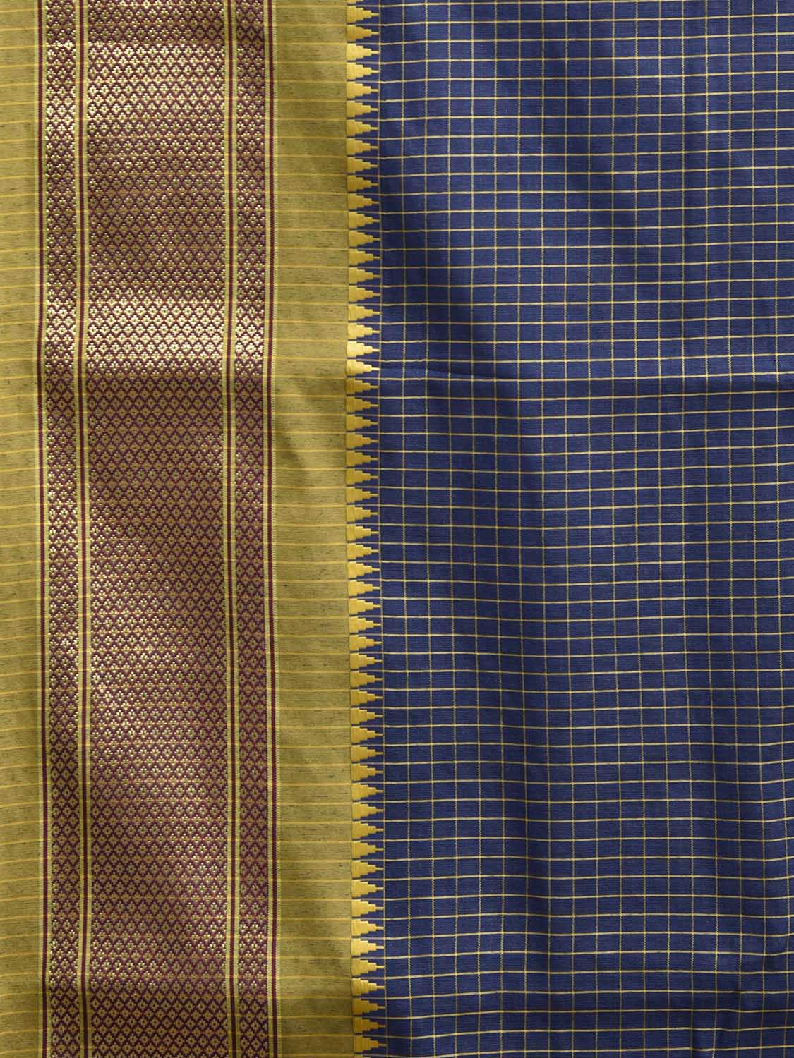 Dark Blue and Olive Bamboo Cotton Saree with Checks Design No Blouse bc0853