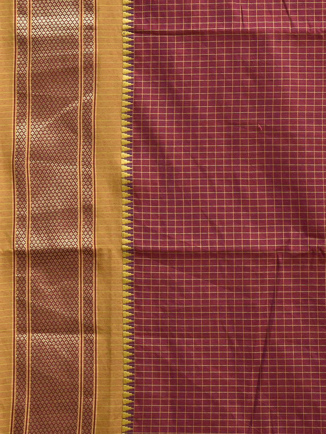 Burgundy and Olive Bamboo Cotton Saree with Checks Design No Blouse bc0854