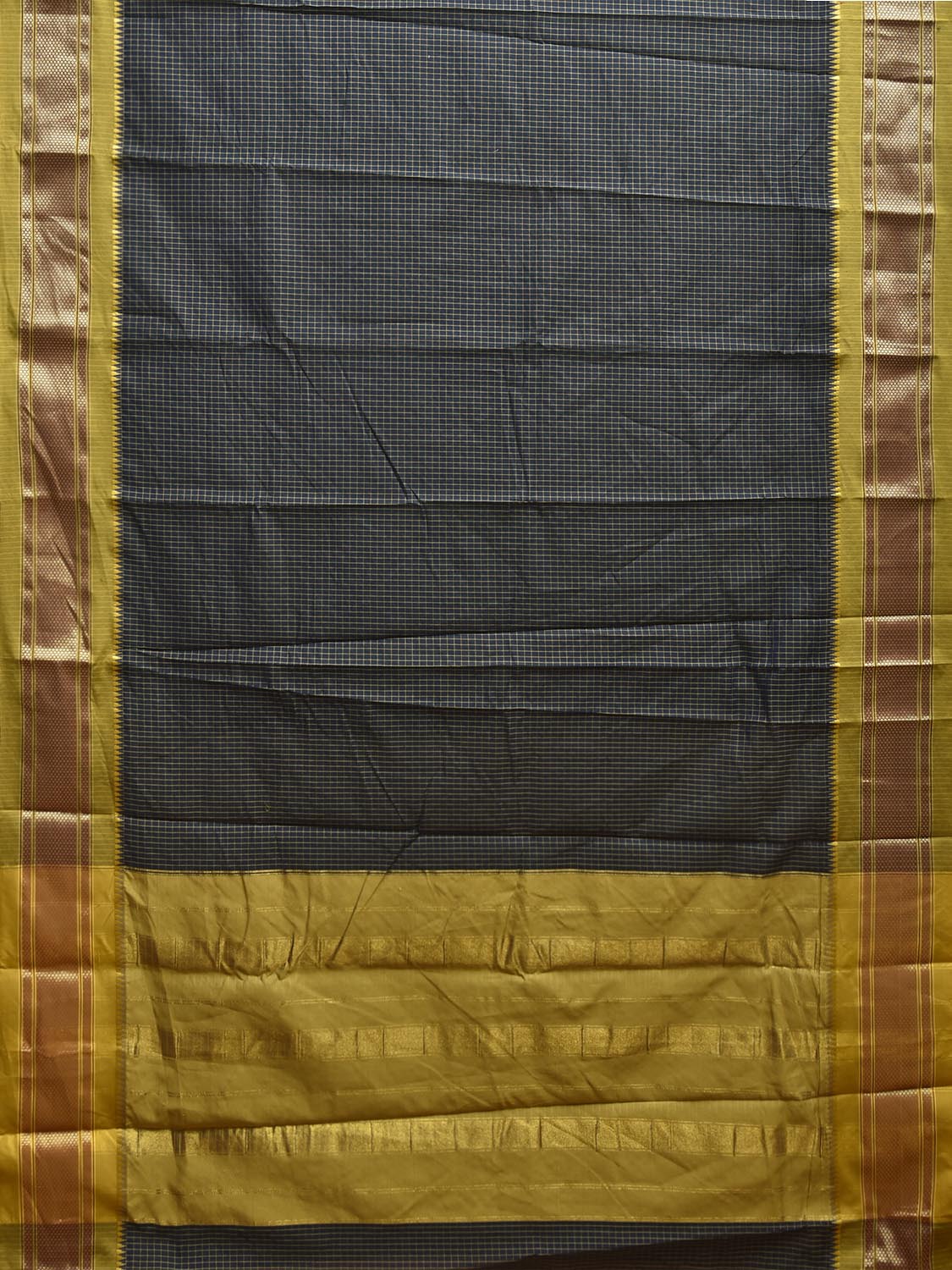 Teal and Olive Bamboo Cotton Saree with Checks Design No Blouse bc0855