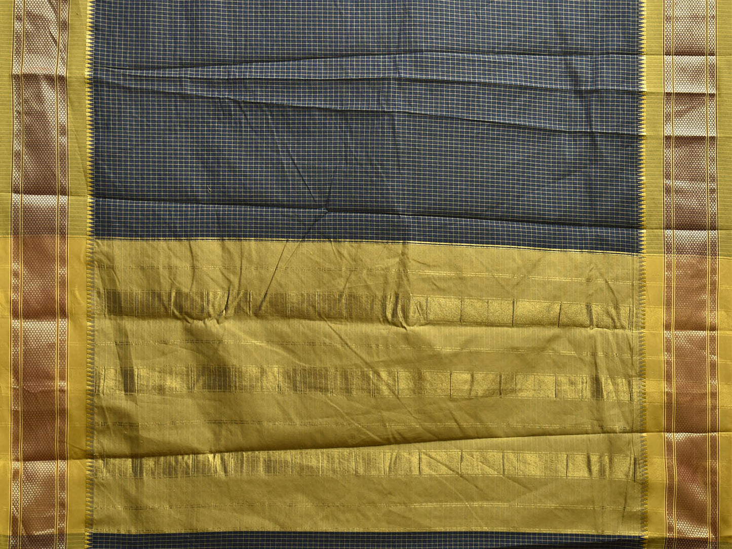 Teal and Olive Bamboo Cotton Saree with Checks Design No Blouse bc0855