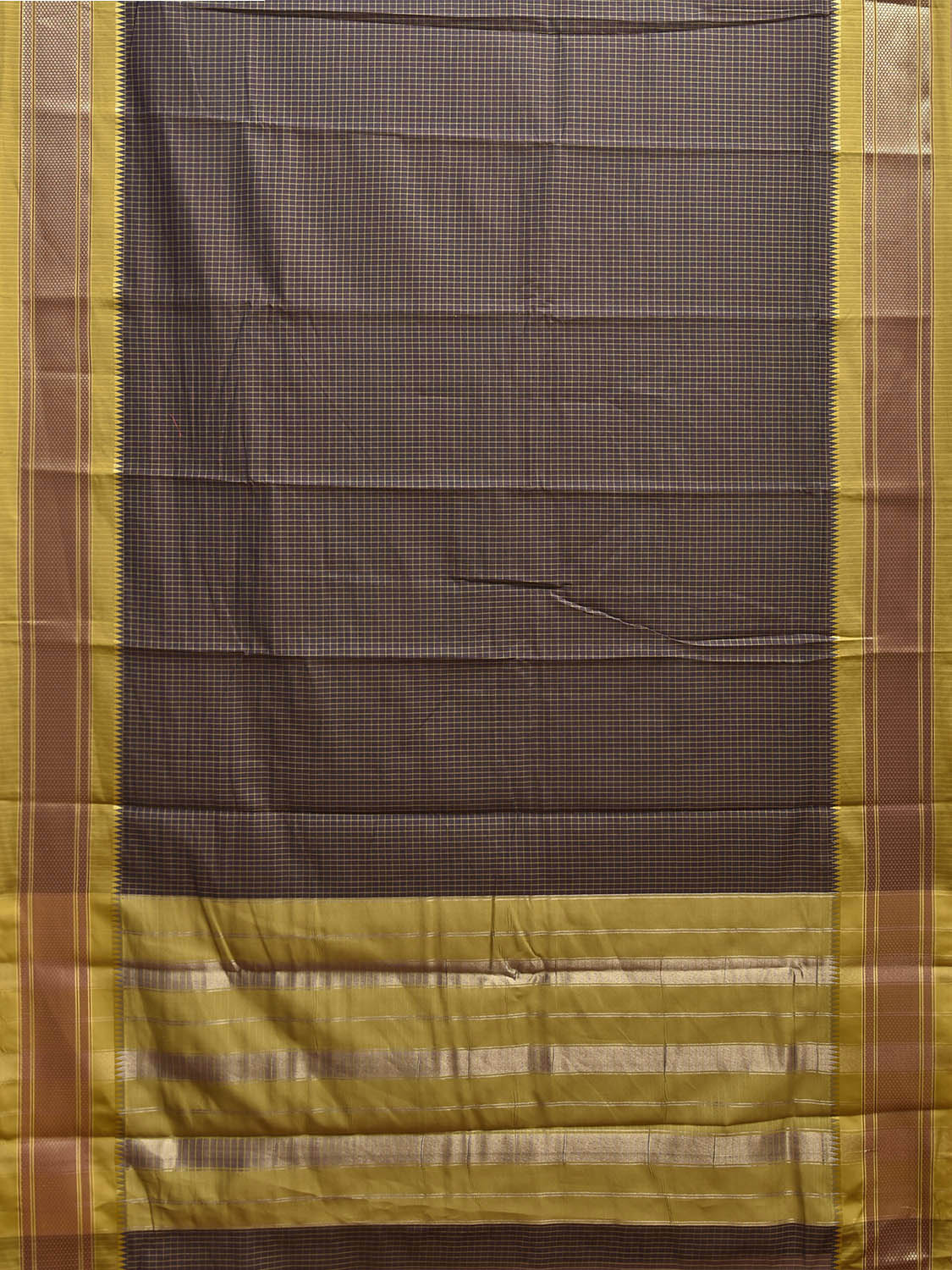 Grey and Olive Bamboo Cotton Saree with Checks Design No Blouse bc0859