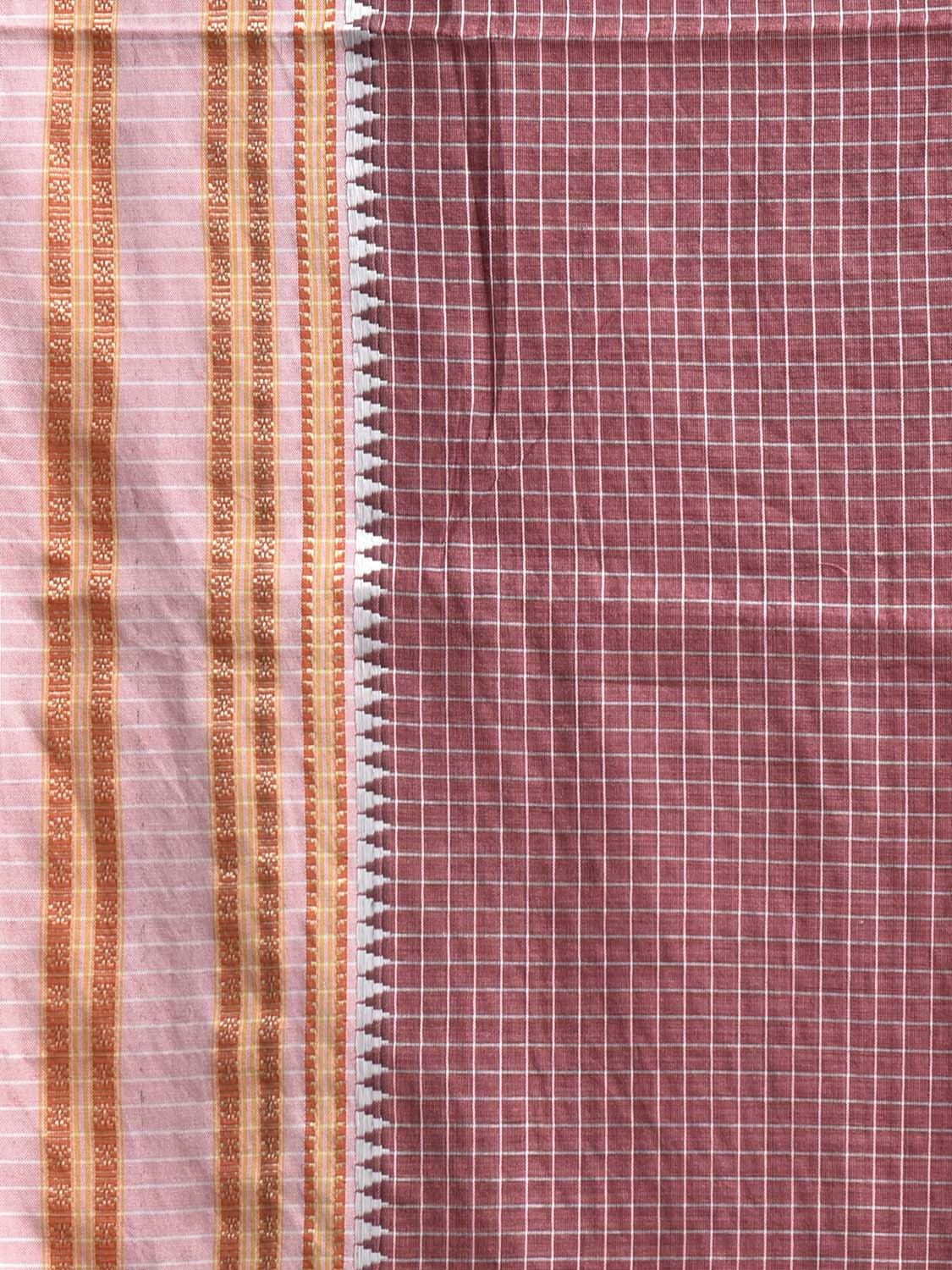 Light Burgundy and White Bamboo Cotton Saree with Checks Design No Blouse bc0861
