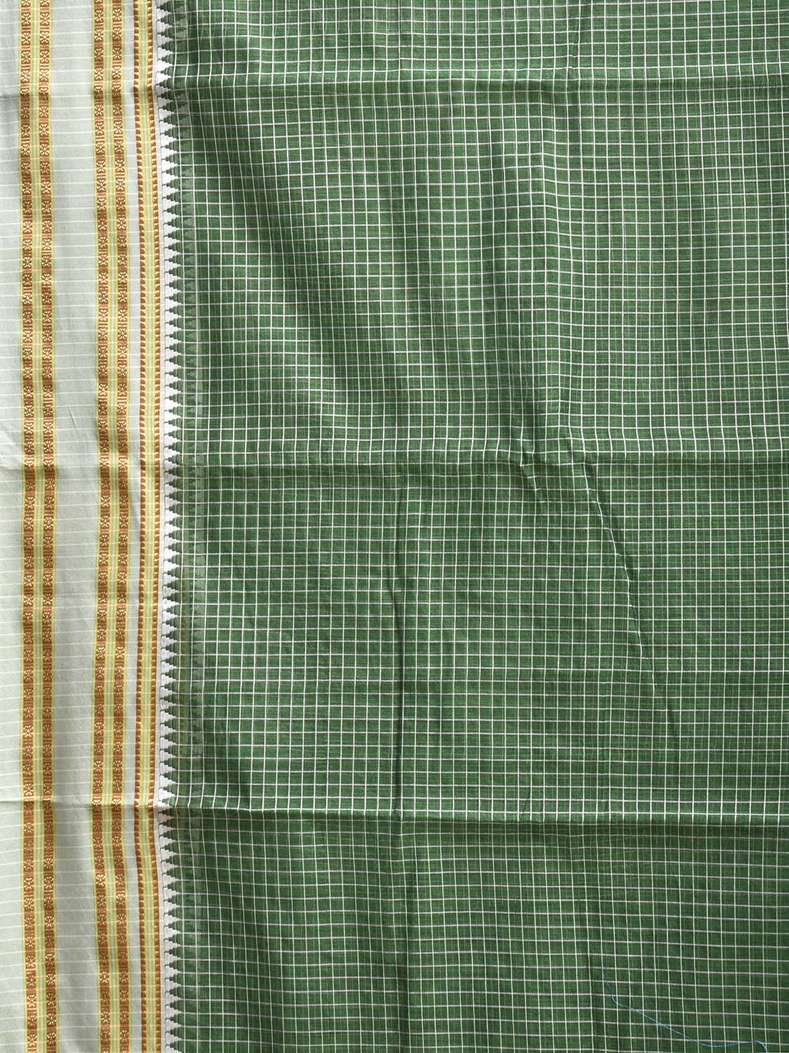 Green and White Bamboo Cotton Saree with Checks Design No Blouse bc0863