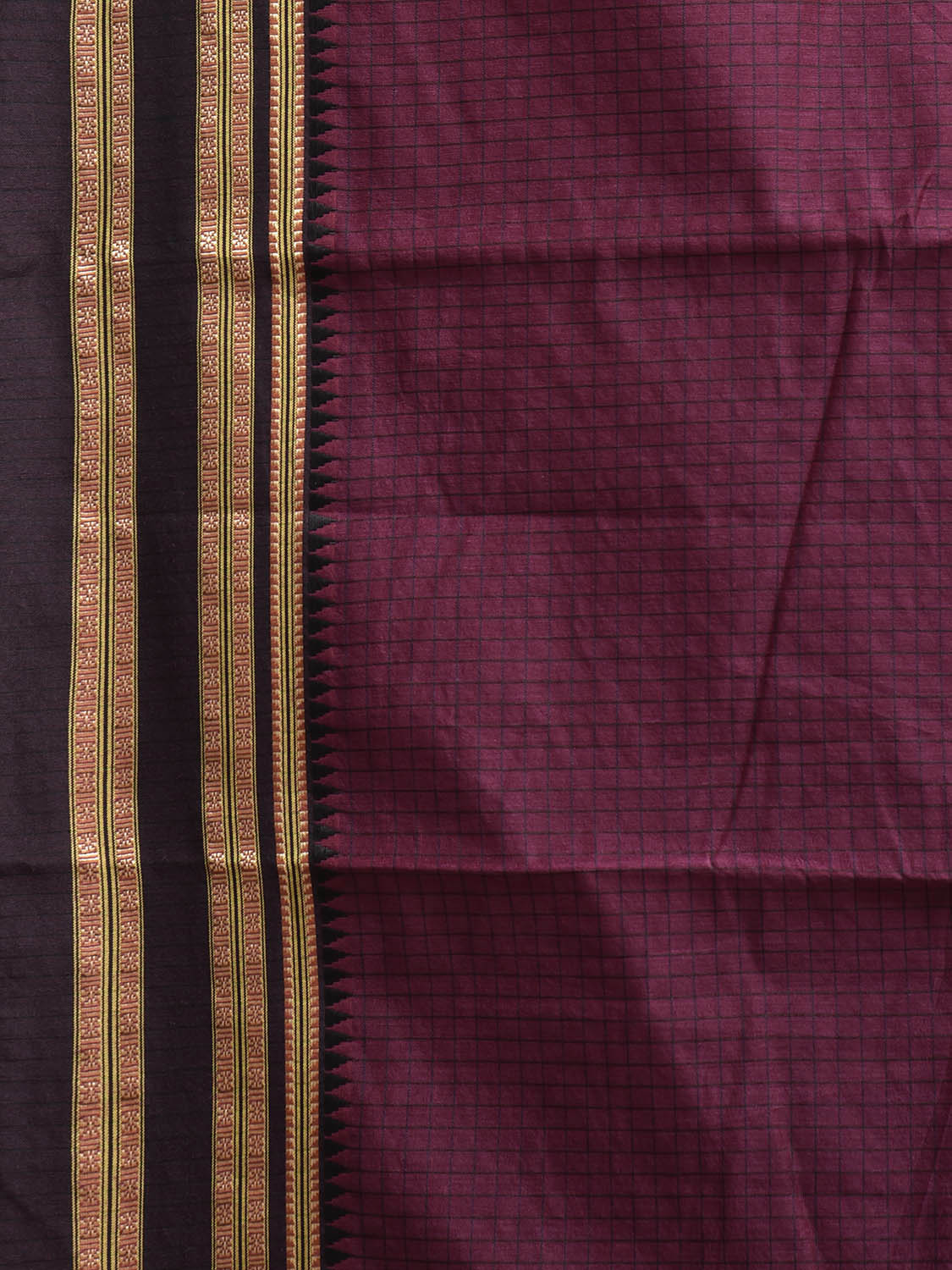 Wine and Black Bamboo Cotton Saree with Checks Design No Blouse bc0864