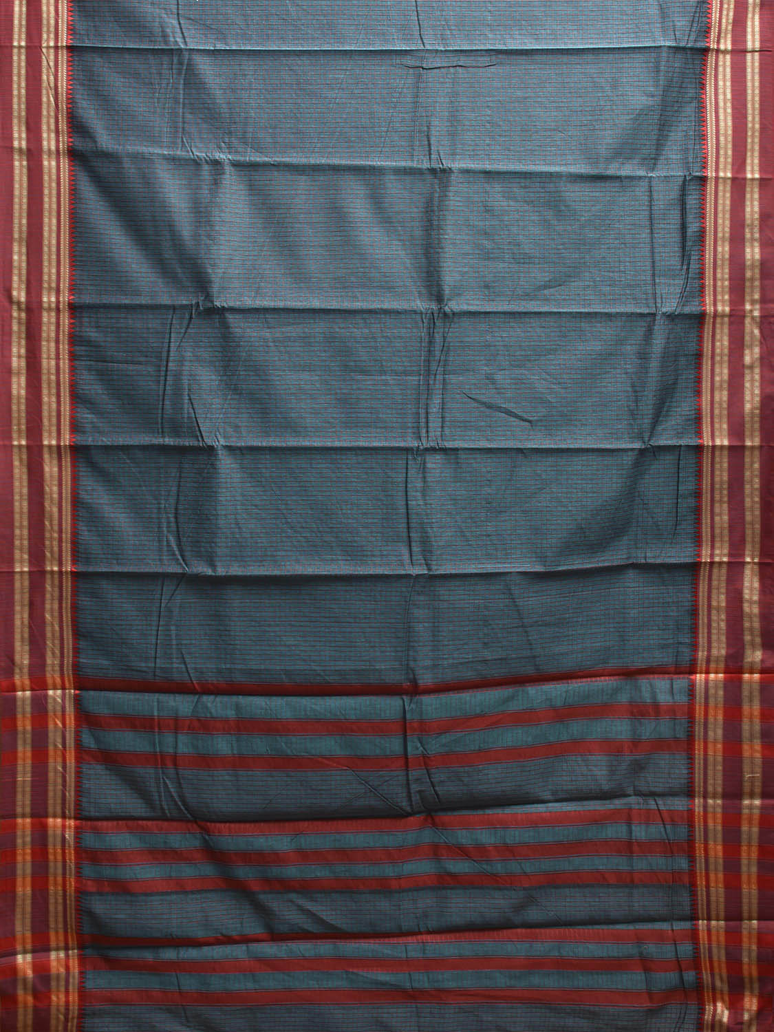 Teal and Red Bamboo Cotton Saree with Checks Design No Blouse bc0867
